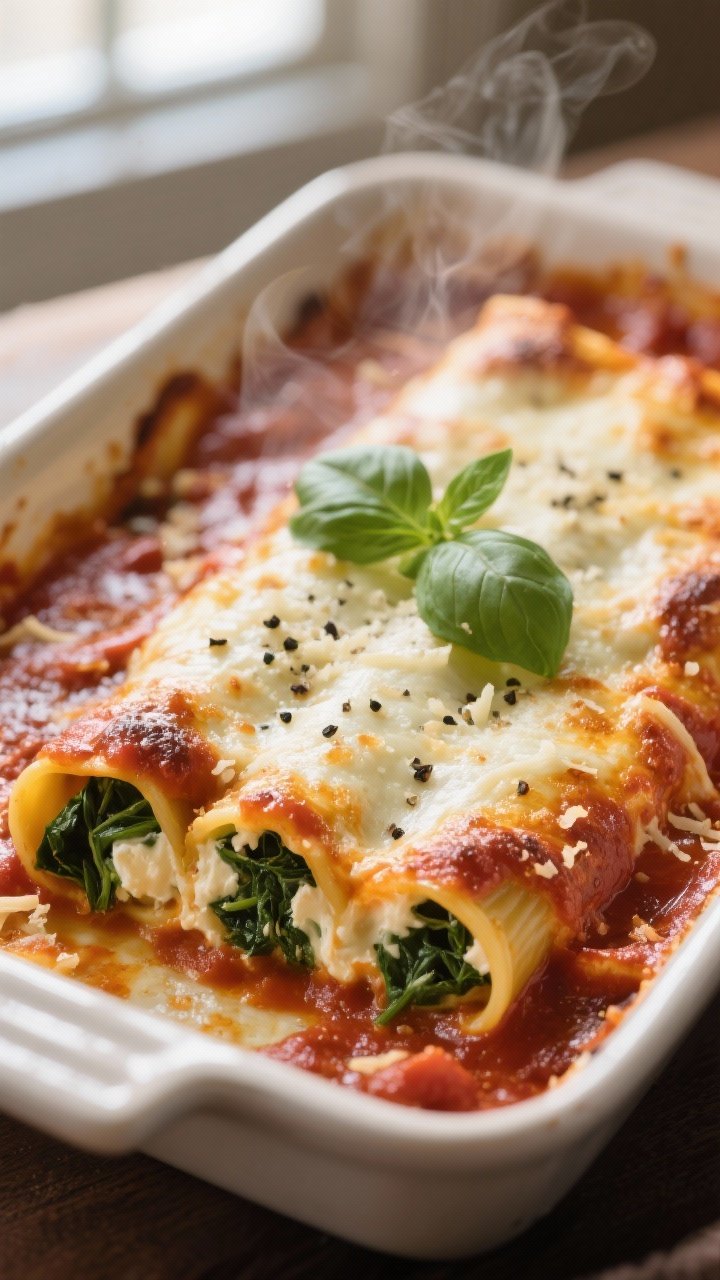 Close-up detail shot: A just-baked manicotti nestled in a 9x13 dish, shells stuffed with creamy rico