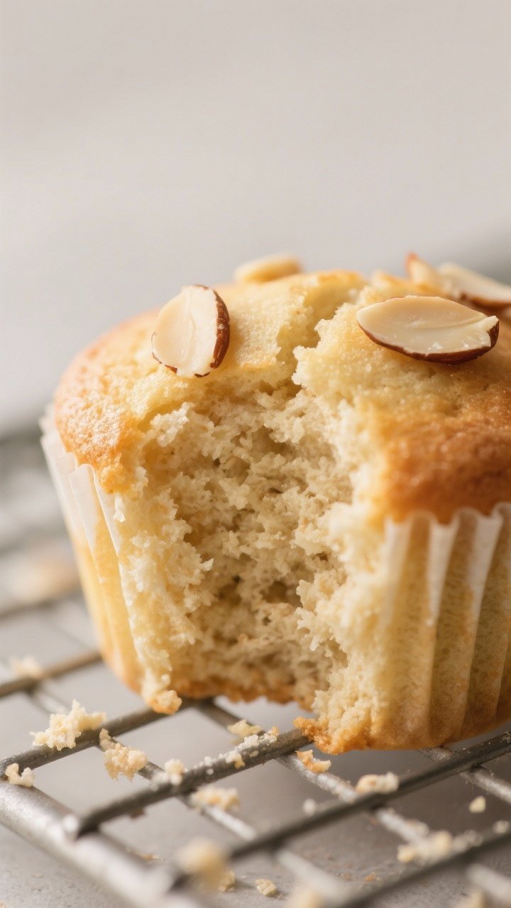 Close-up detail shot: A just-baked Vanilla Almond Protein Cupcake torn open to reveal a soft, spring