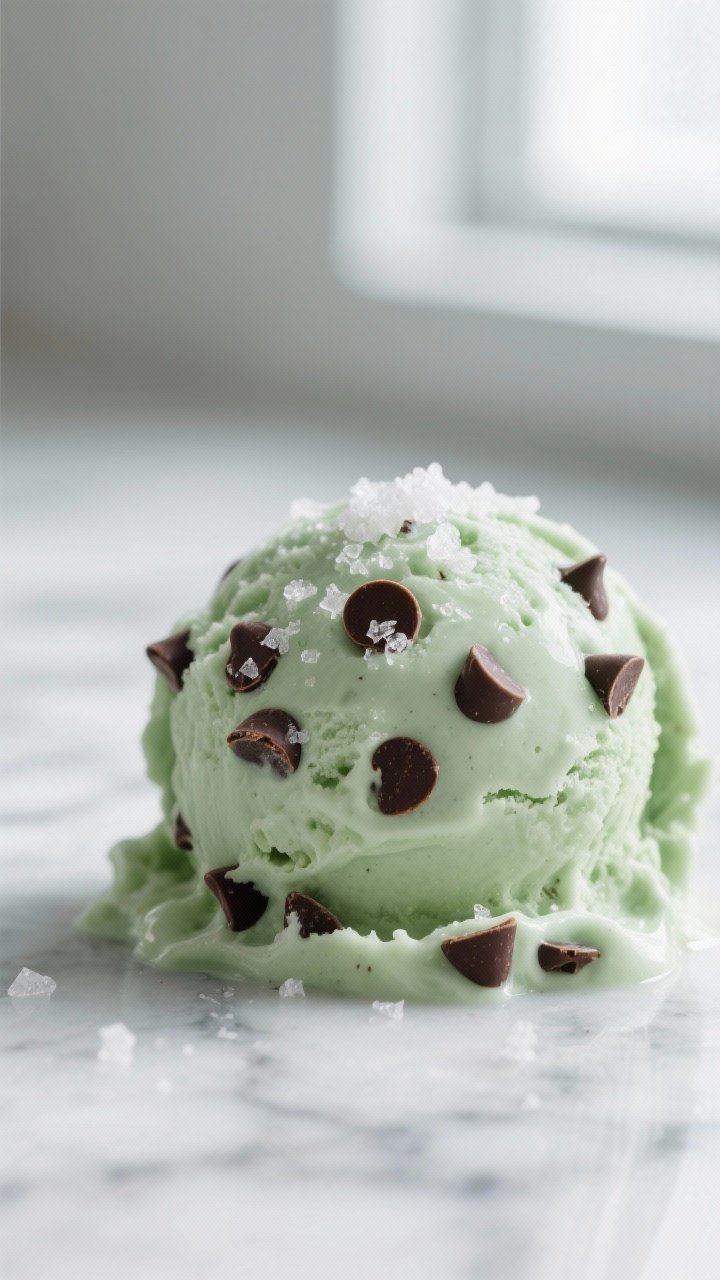 Close-up detail shot: A scoop of mint chocolate chip protein ice cream just out of the freezer, crea