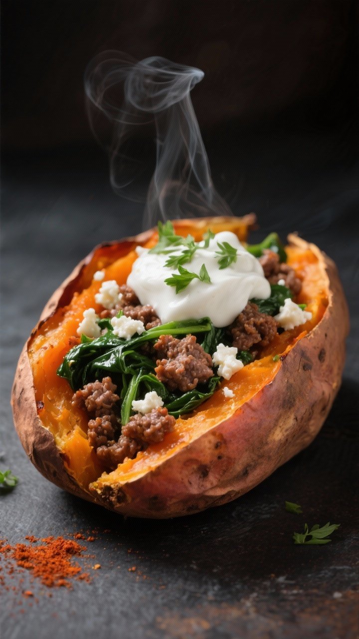 Close-up detail shot: A split, roasted sweet potato with fluffy orange flesh, stuffed to the brim wi