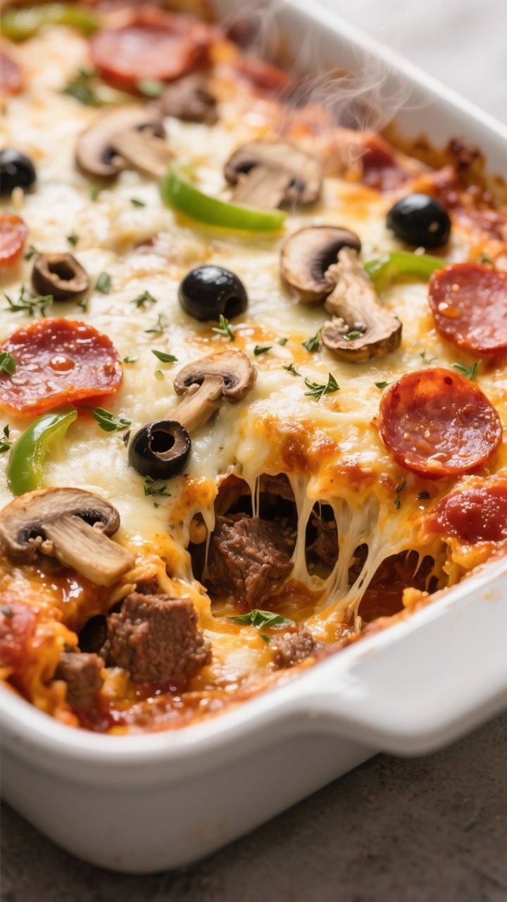 Close-up detail shot: Bubbling Keto Beef Pizza Casserole just out of the oven, cheese melted and lig