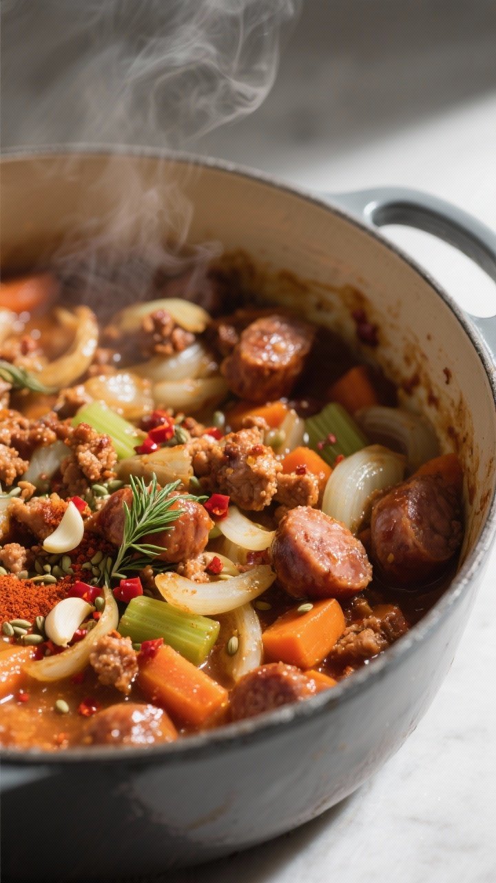 Close-up detail shot: Crispy browned chicken sausage crumbles nestled with tender sautéed onions, c