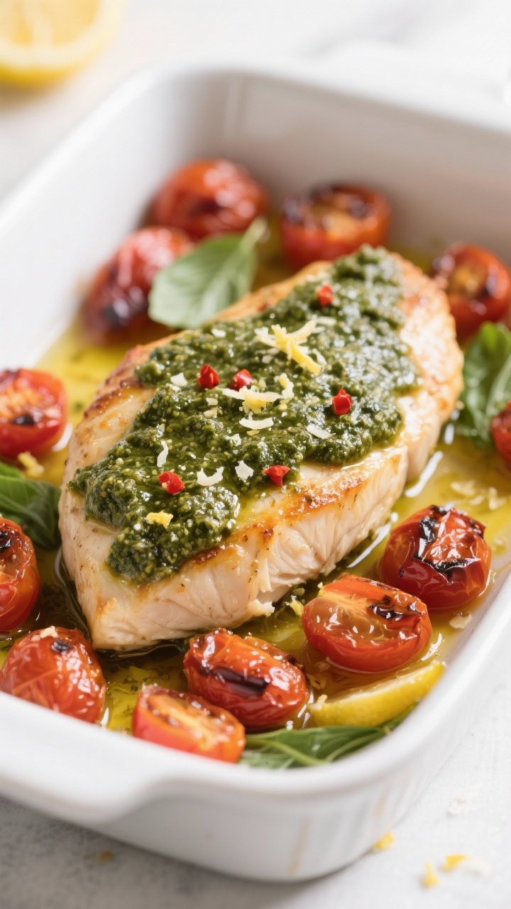 Close-up detail shot: Juicy baked chicken breast smothered in thick, glossy basil pesto, nestled on 