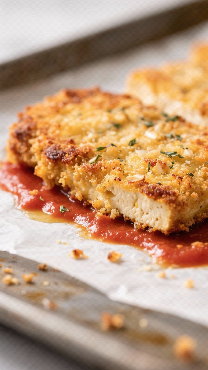 Close-up detail shot of crispy baked tofu Parmesan cutlets right after the first bake: golden, panko