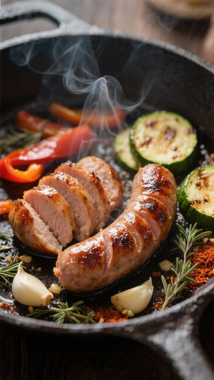 Close-up detail shot: Sliced chicken sausage searing in a cast-iron skillet with deeply browned, cri