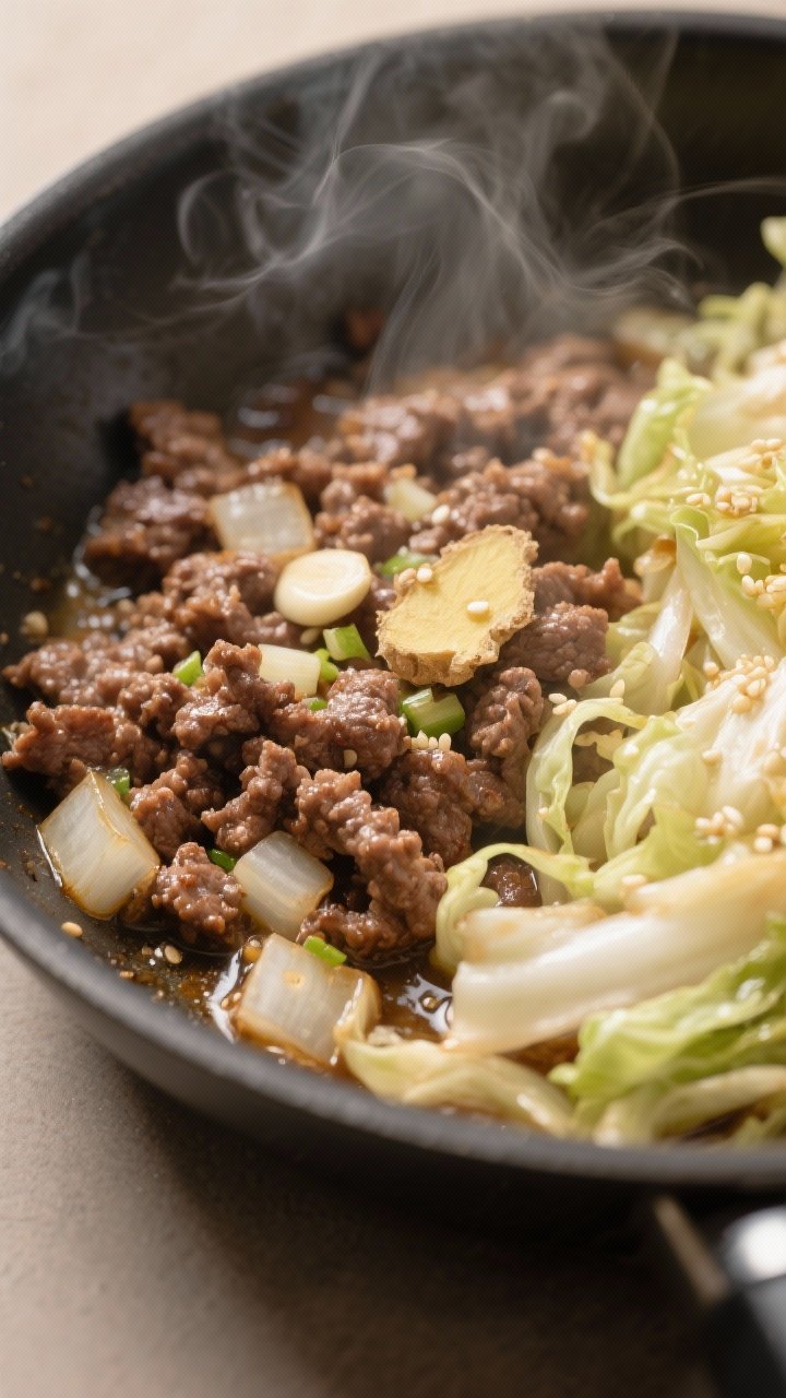 Close-up detail: Sizzling beef and aromatics in a skillet mid-cook, browned 93% lean ground beef wit