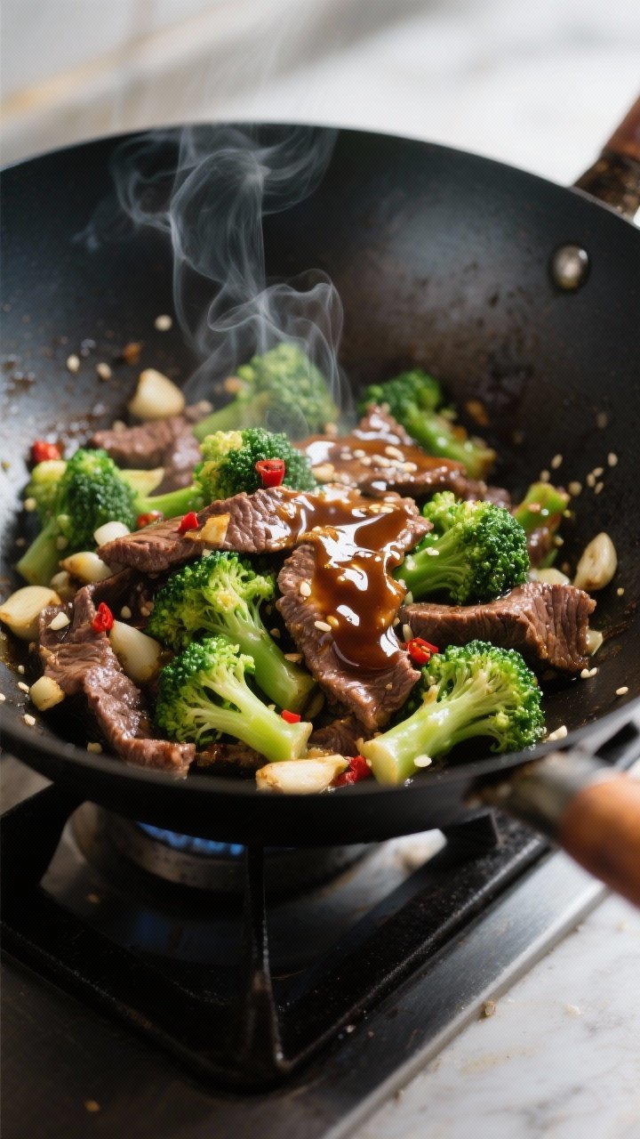 Close-up detail: Sizzling beef and broccoli in a wok during the “combine and sauce” step, glossy