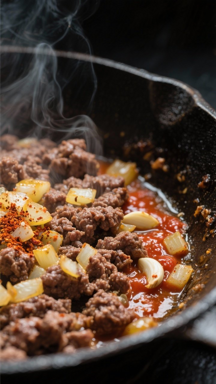 Close-up detail: Sizzling browned lean ground beef pushed to the edges of a cast-iron skillet with c