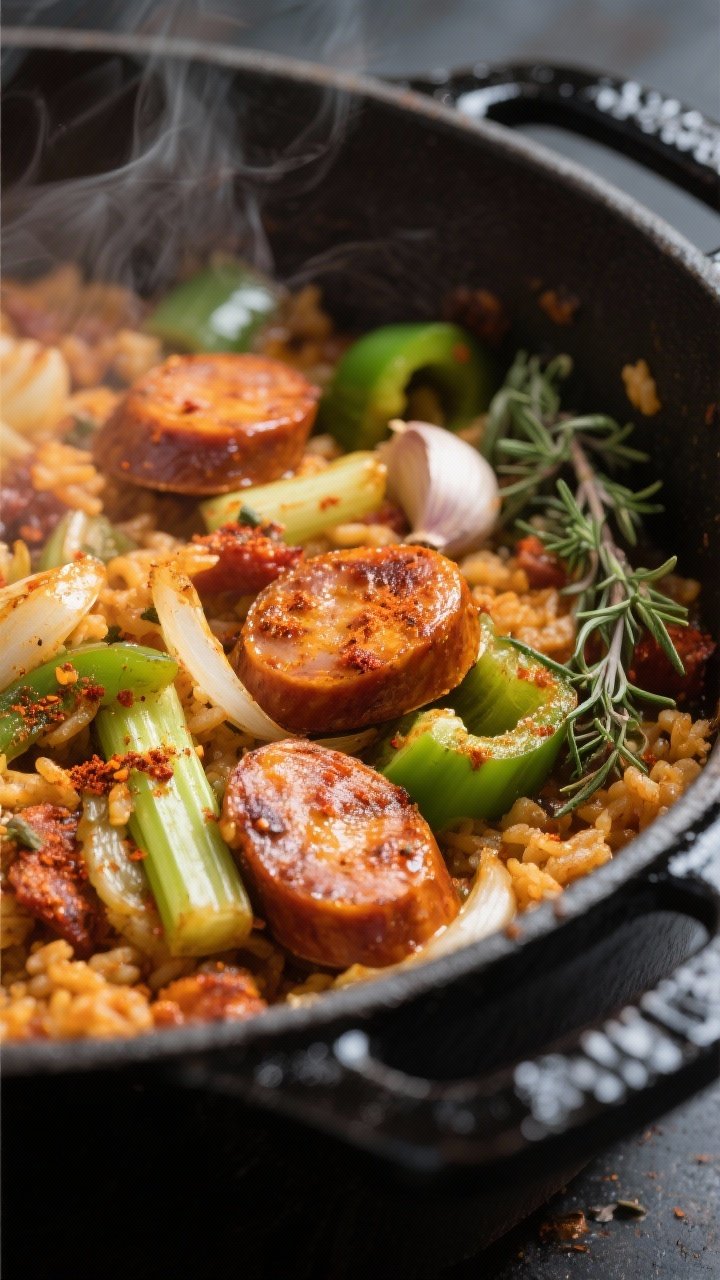 Close-up detail: Sizzling Cajun jambalaya base in a Dutch oven right after blooming spices—golden-
