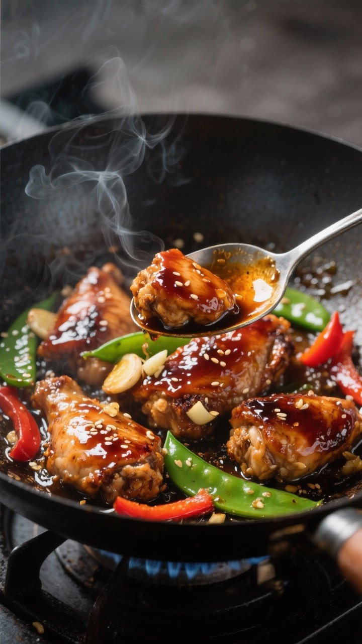 Close-up detail: Sizzling teriyaki chicken thigh pieces in a wok mid-sauce build, glossy and bubblin