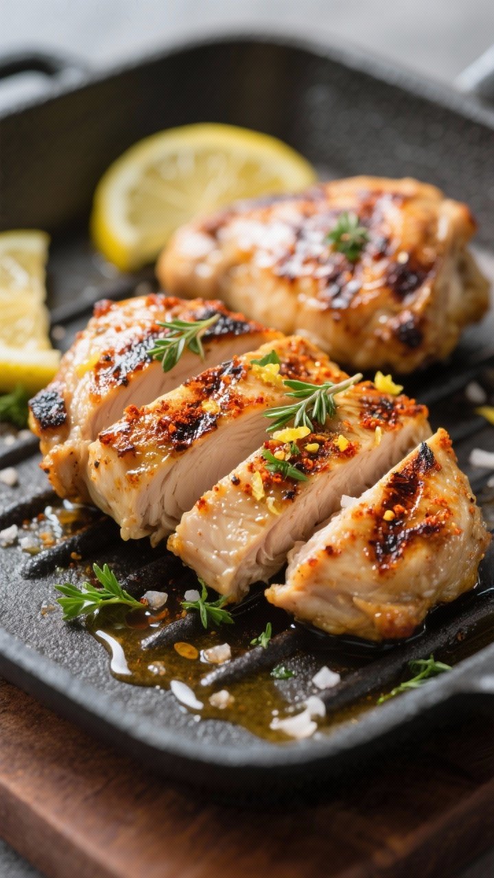 Close-up detail: Sliced lemon-oregano chicken thighs just off the grill pan, charred edges glistenin