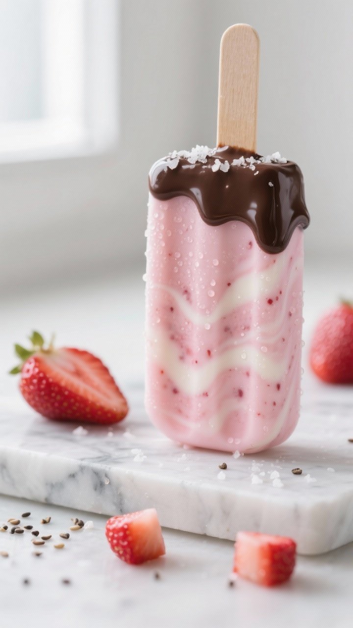 Close-up detail: Strawberry yogurt frozen pop just unmolded, creamy pink with subtle yogurt swirls a