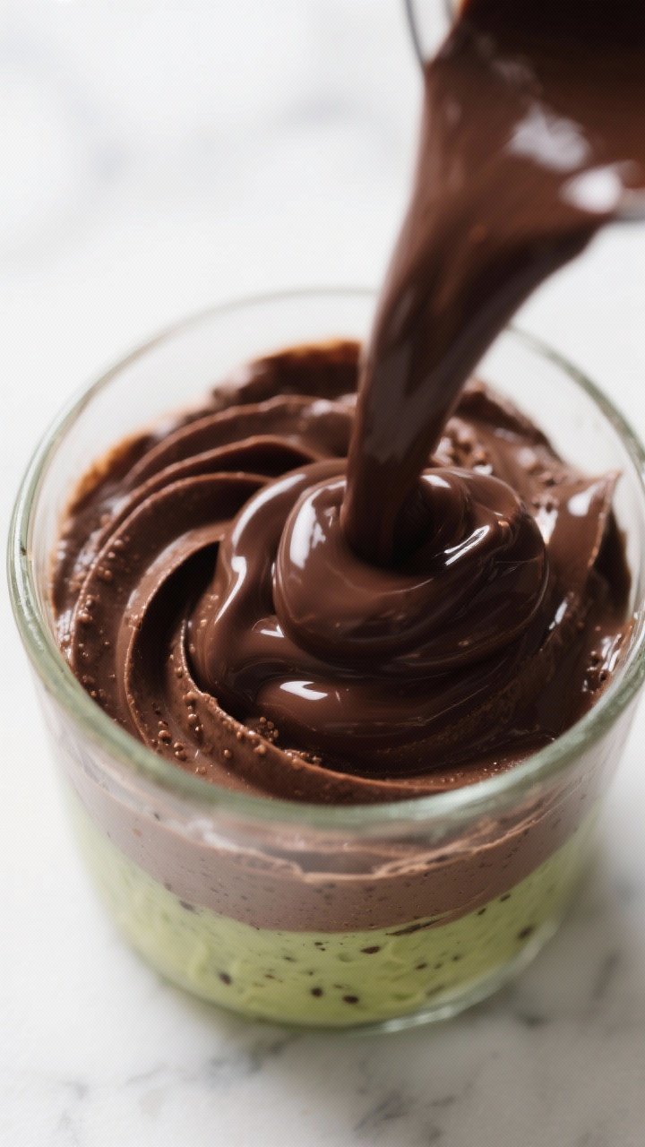 Close-up detail: Ultra-silky avocado chocolate mousse mid-blend in a glass blender jar, glossy ribbo