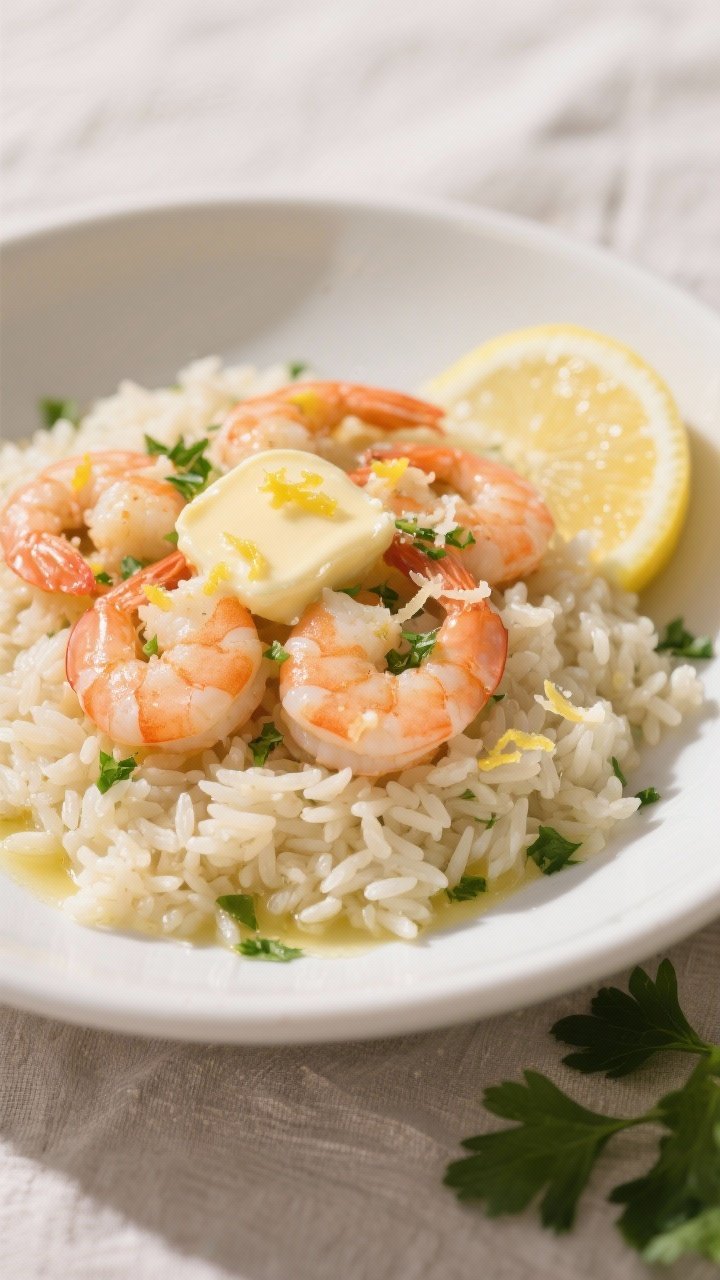 Close-up final plated shot of One-Pot Garlic Butter Shrimp and Rice in a shallow white bowl: fluffy,