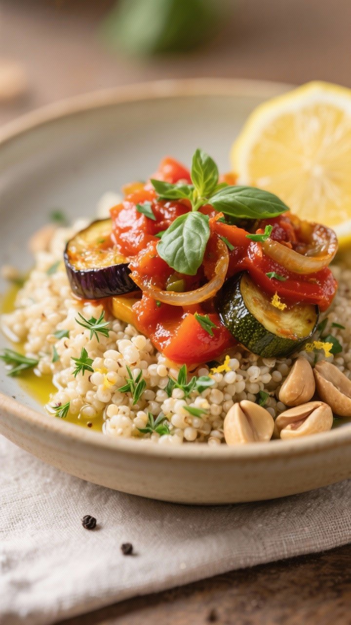 Close-up final plating: a shallow ceramic bowl with a mound of fluffy herbed quinoa (parsley, dill, 