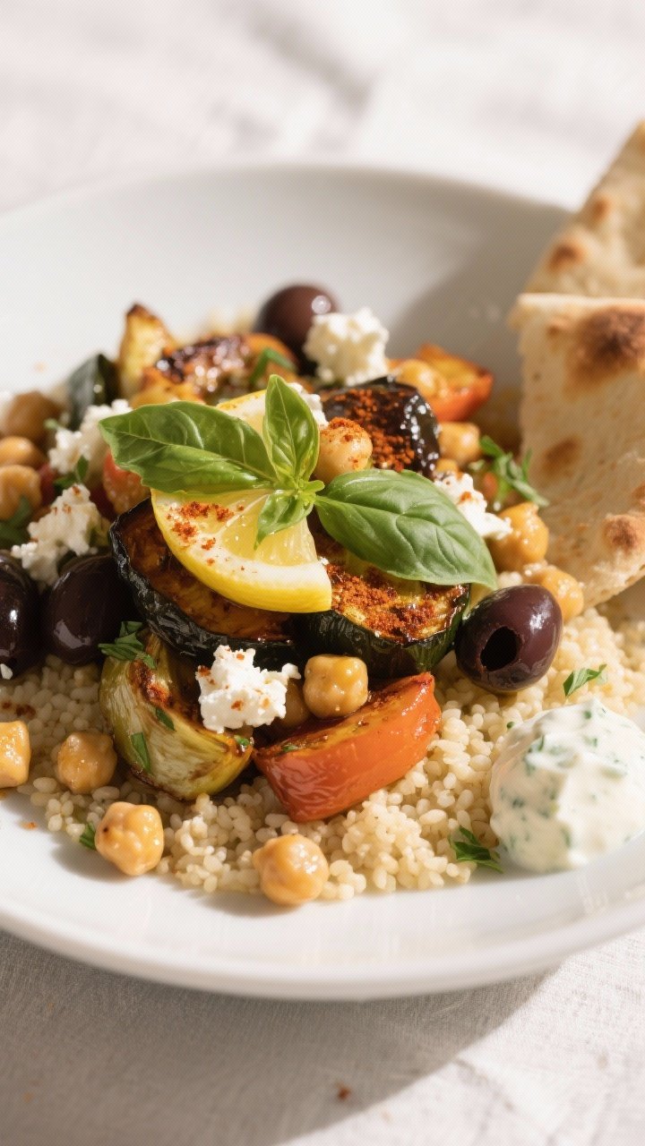 Close-up plated final dish: a shallow white bowl piled with the roasted Mediterranean vegetables and