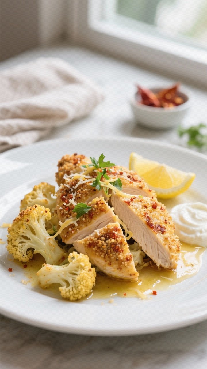 Close-up plated final dish, presentation: a shallow white plate with a composed mound of roasted cau