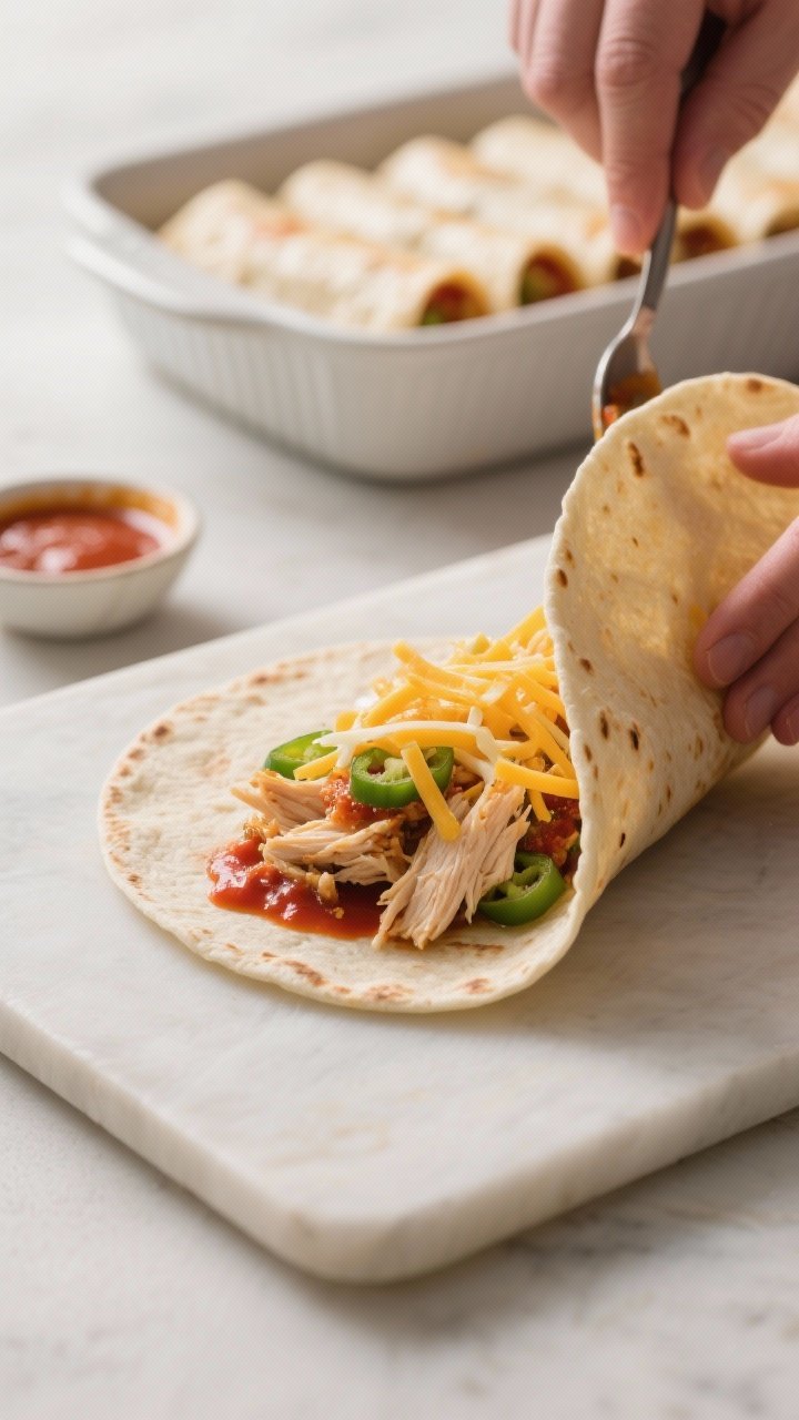 Close-up process shot of a single warm tortilla being filled and rolled on a clean board: tender shr