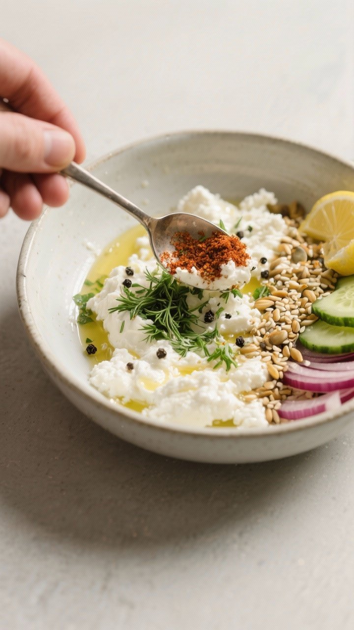Close-up process shot of cottage cheese being finished in the bowl: a spoon folding in chopped herbs