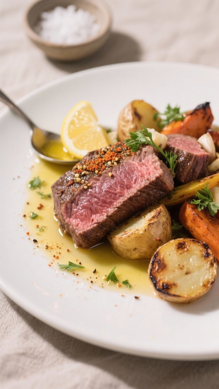 Close-up, shallow depth-of-field detail of a final plated serving: juicy medium-rare beef pieces (13