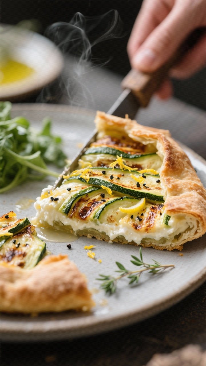 Close-up, three-quarter angle process shot of the galette just after slicing, revealing the creamy r