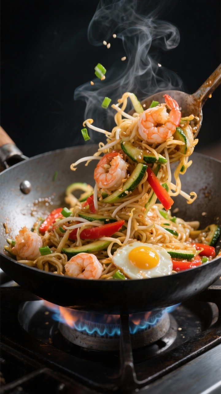 Cooking process, close-up action: Close-up of zucchini noodle Pad Thai being tossed over high heat i