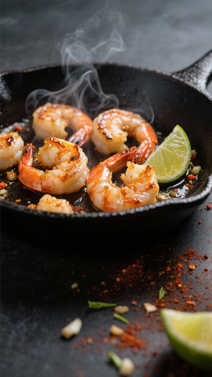 Cooking process close-up: Chili-lime grilled shrimp searing in a ripping-hot cast-iron skillet, shri