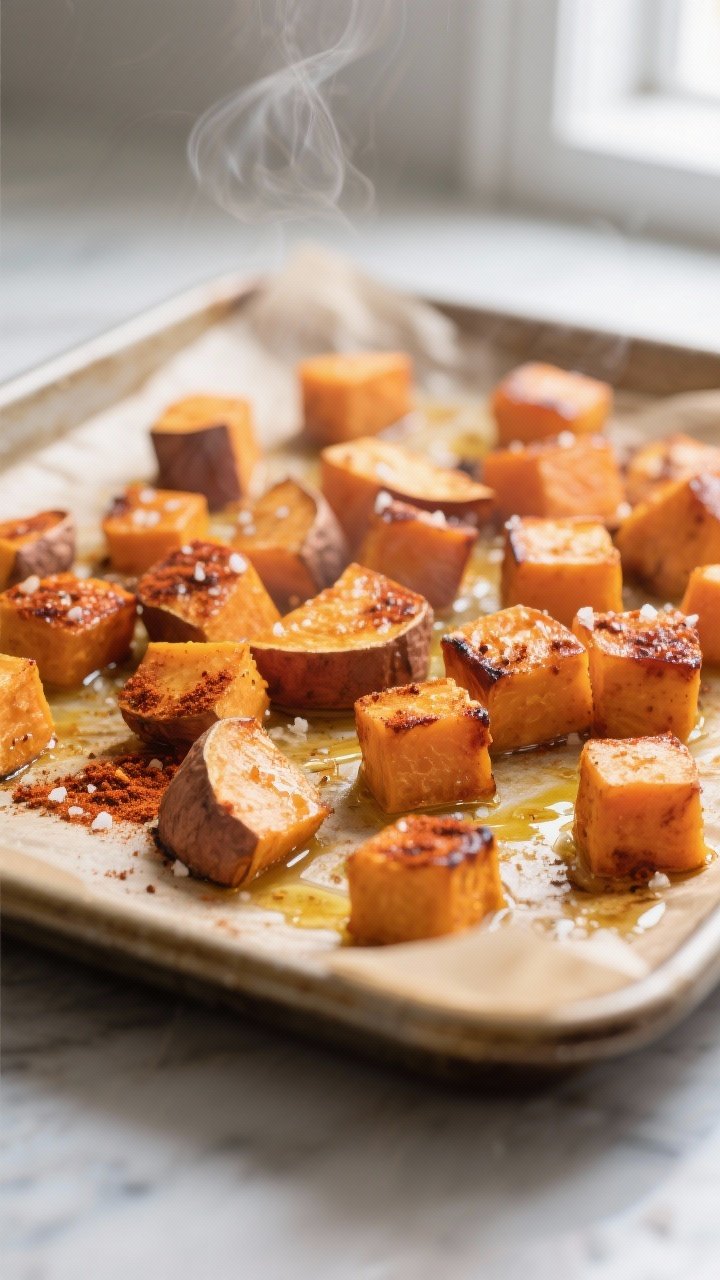 Cooking process close-up: Cubed sweet potatoes just out of the oven on a parchment-lined sheet pan,