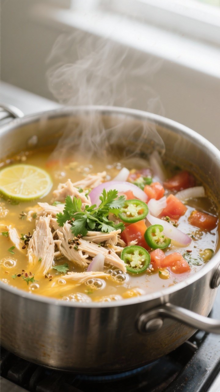 Cooking process, close-up detail: A steaming pot of Mexican Chicken Lime Soup at a lively simmer, cl