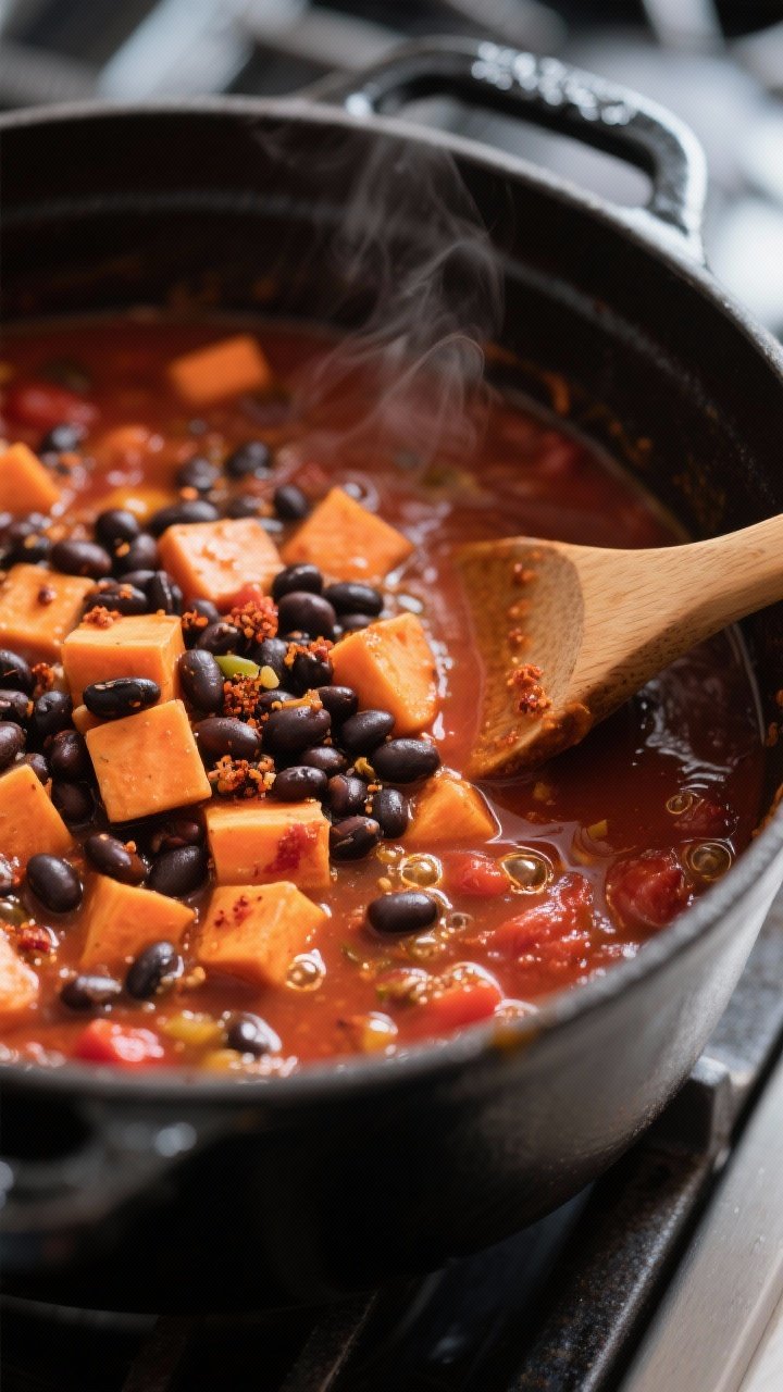 Cooking process, close-up detail: Black Bean and Sweet Potato Protein Chili simmering in a matte bla