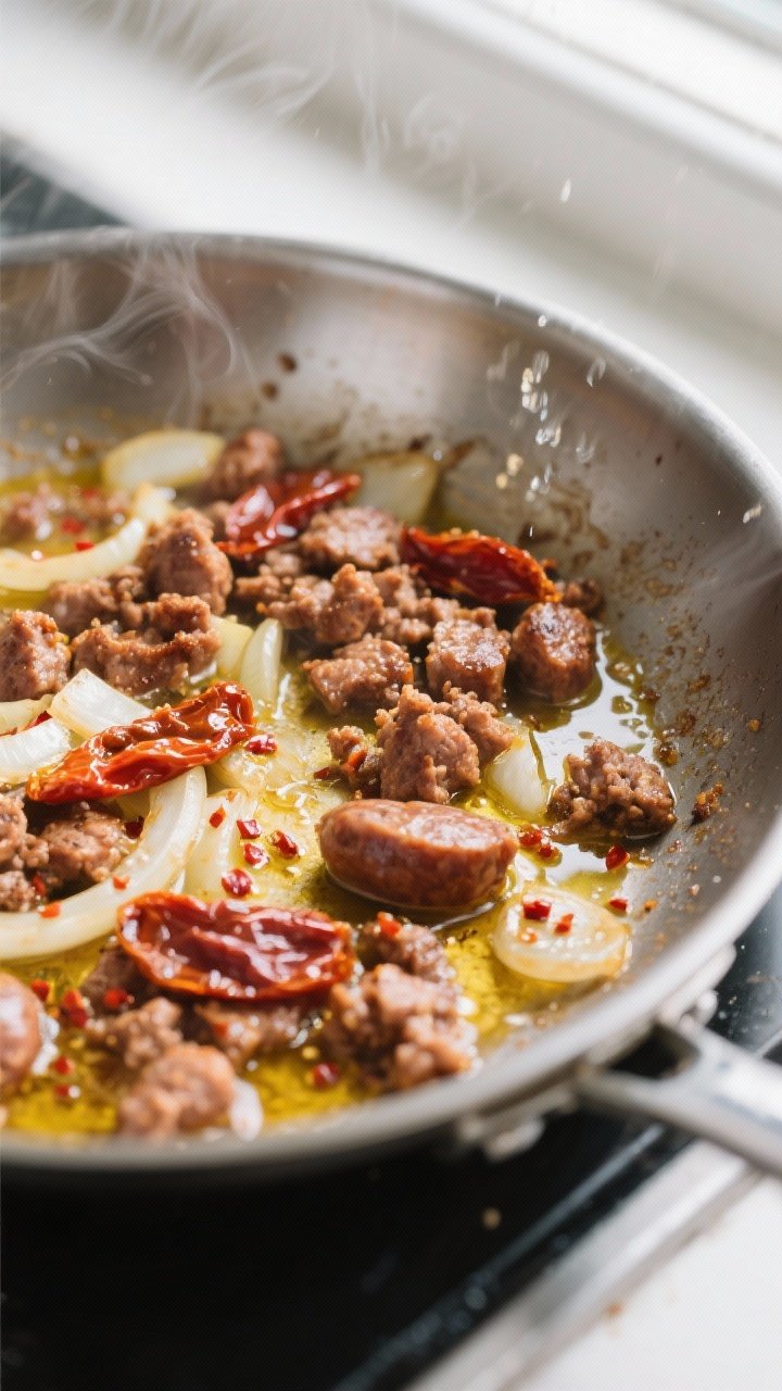Cooking process, close-up detail: Close-up of browned Italian chicken sausage crumbles sizzling in a