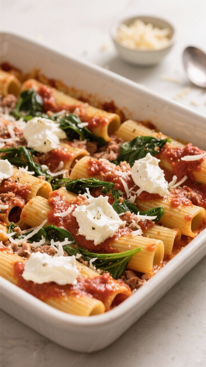 Cooking process, close-up detail: Close-up of sauced ziti being layered in a 9x13 baking dish—halv