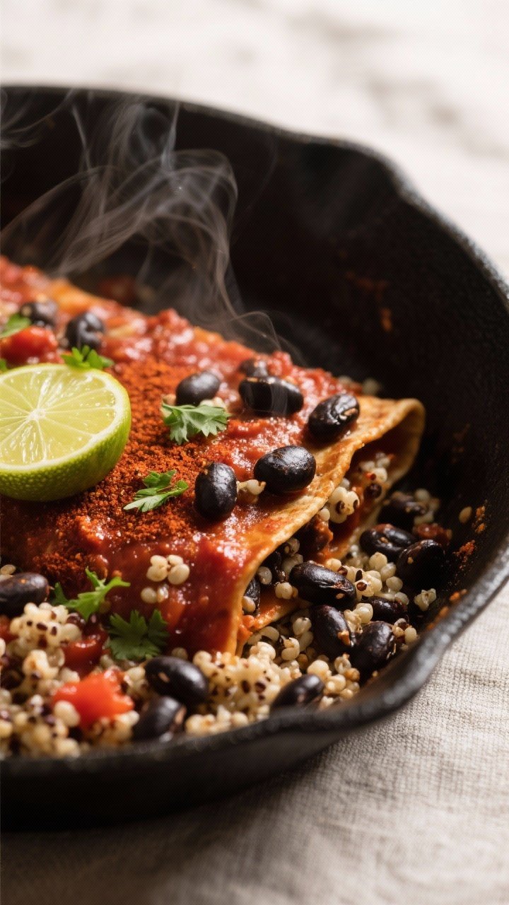 Cooking process, close-up detail: In-skillet close-up of the spicy black bean–quinoa filling just 