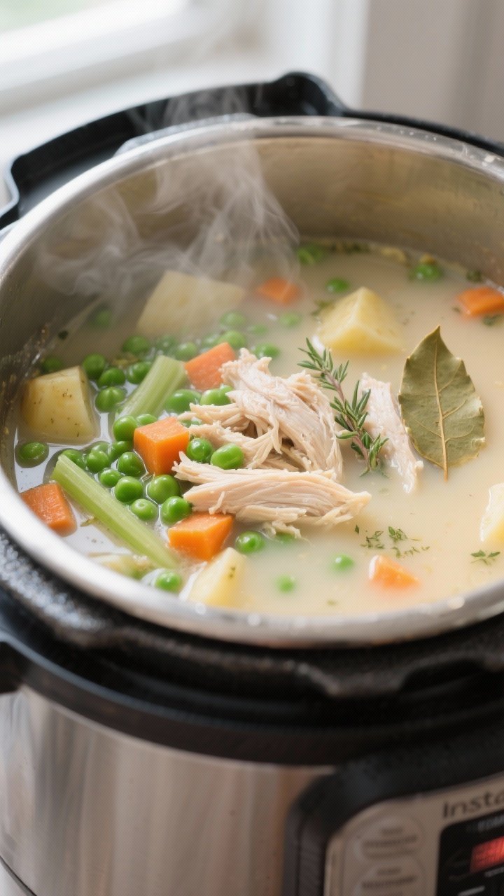 Cooking process, close-up detail: Instant Pot creamy chicken soup mid-simmer with shredded chicken j