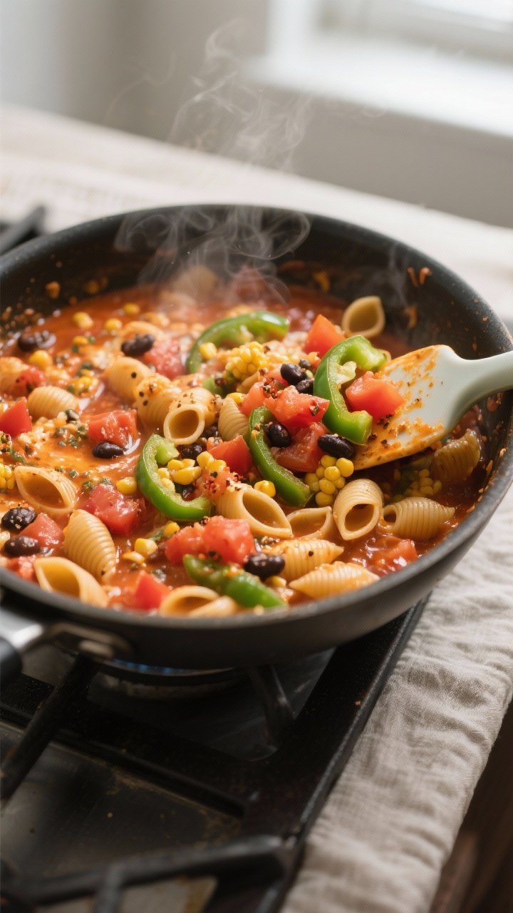 Cooking process, close-up detail: One-Pot Cheesy Taco Pasta mid-simmer in a deep skillet, overhead/4