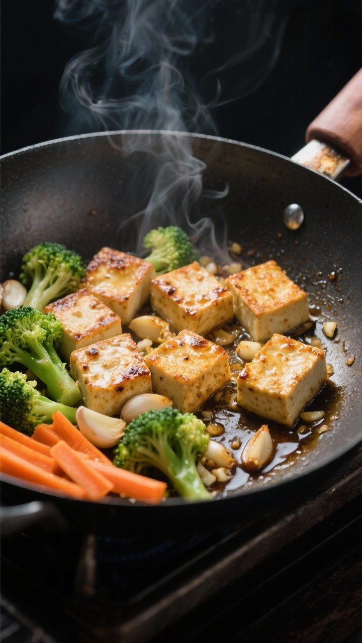 Cooking process, close-up detail: Searing garlic tofu cubes in a carbon-steel wok over medium-high h