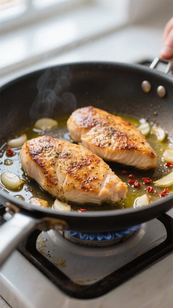 Cooking process, close-up detail: Searing seasoned chicken breasts in a large skillet over medium-hi