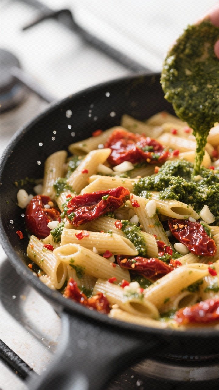 Cooking process, close-up: Glossy al dente penne tossed in a skillet with warm sun-dried tomatoes an