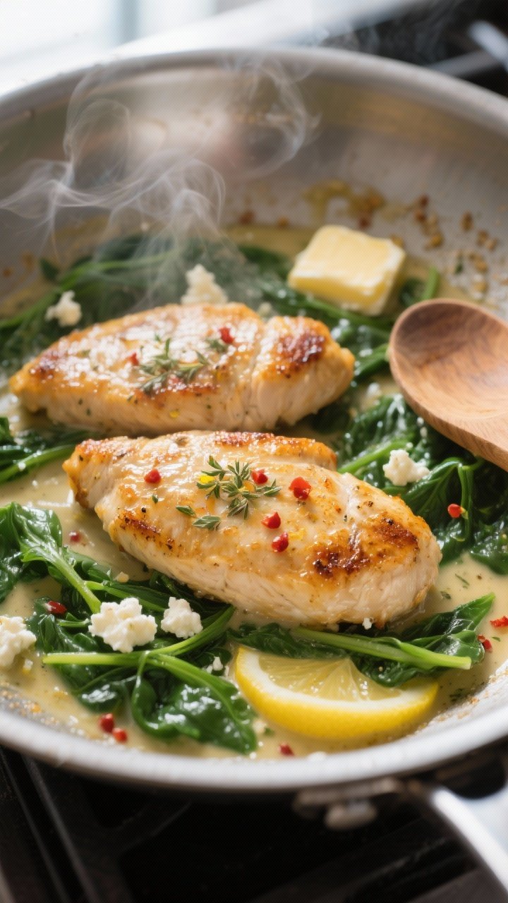 Cooking process, close-up: Golden-browned chicken cutlets nestled back into a glossy lemon-garlic sp