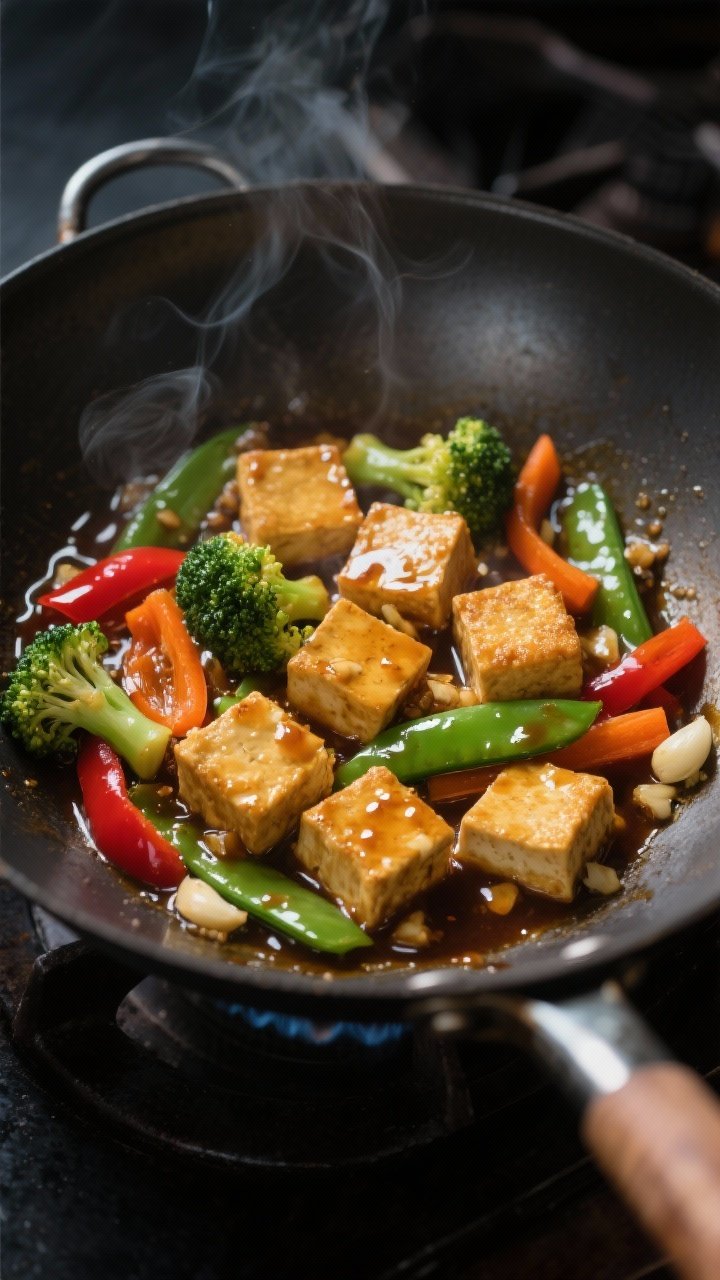Cooking process, close-up: Golden, crispy tofu cubes sizzling in a carbon-steel wok with glossy, thi