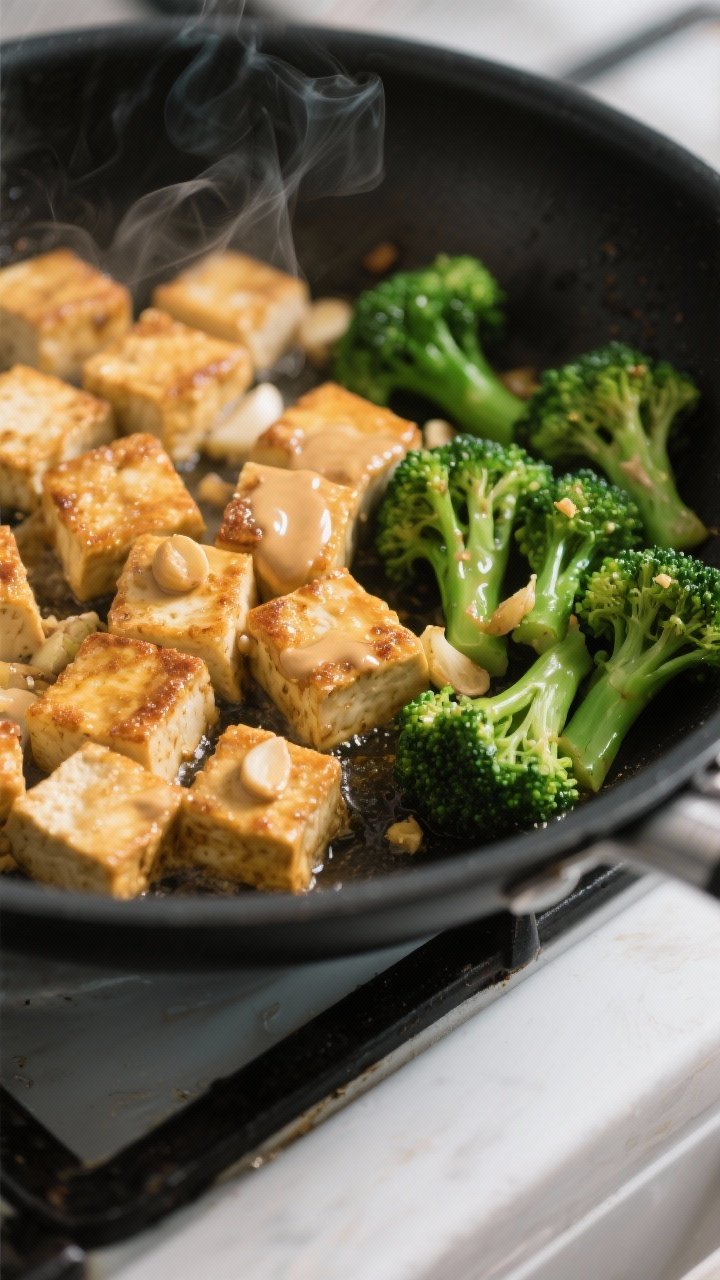 Cooking process close-up: Golden, crispy tofu cubes sizzling in a large nonstick skillet next to bri