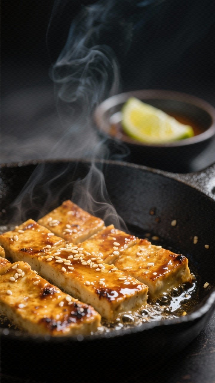 Cooking process close-up: Golden-glazed tempeh searing in a black cast-iron skillet, thin rectangles