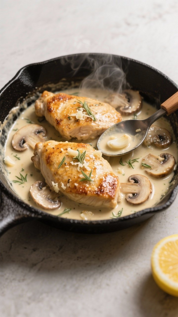 Cooking process, close-up: Golden seared chicken cutlets nestled in a skillet of bubbling creamy gar