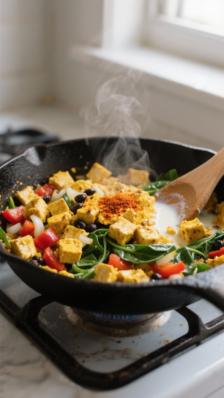 Cooking process close-up: Golden tofu scramble sizzling in a black cast-iron skillet, with softened 