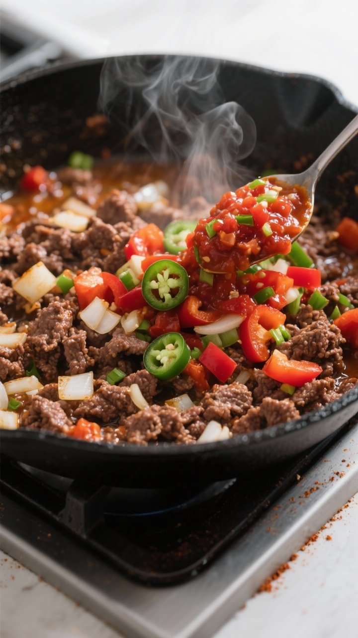 Cooking process close-up: In a large skillet, browned ground beef mingling with sautéed diced onion