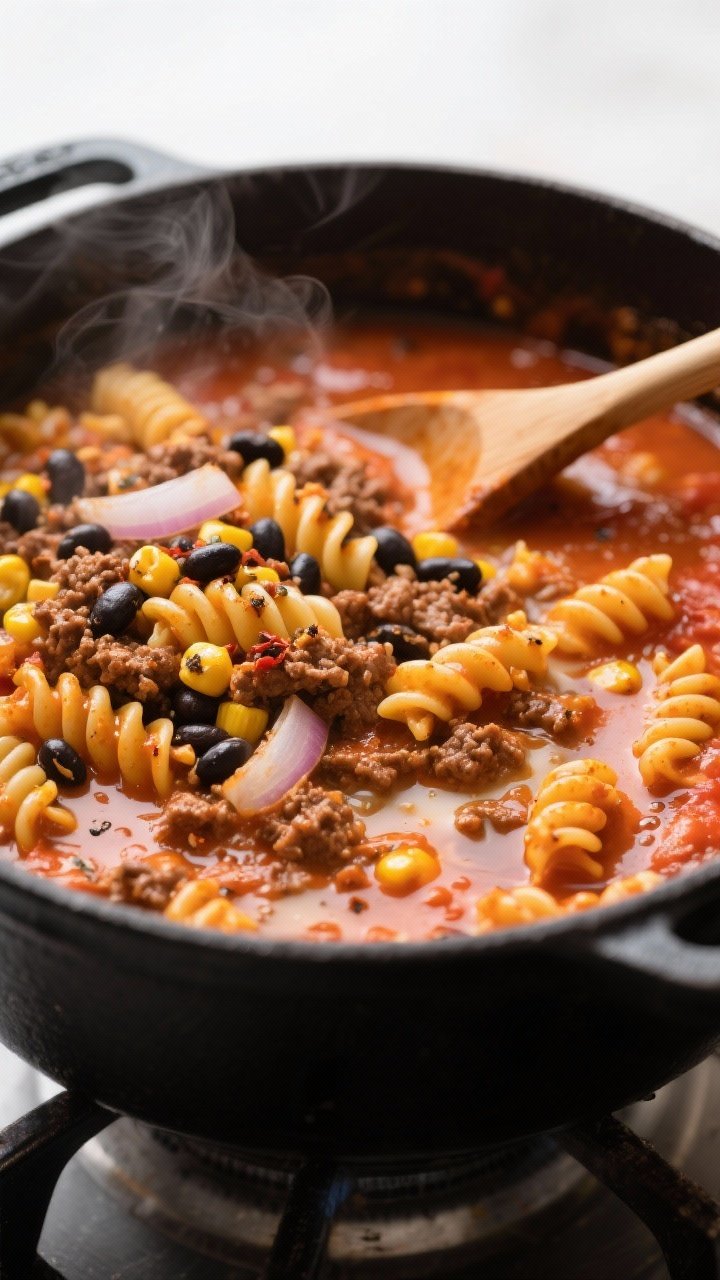 Cooking process close-up: In a matte black Dutch oven on a gas stove, taco-seasoned ground beef, oni