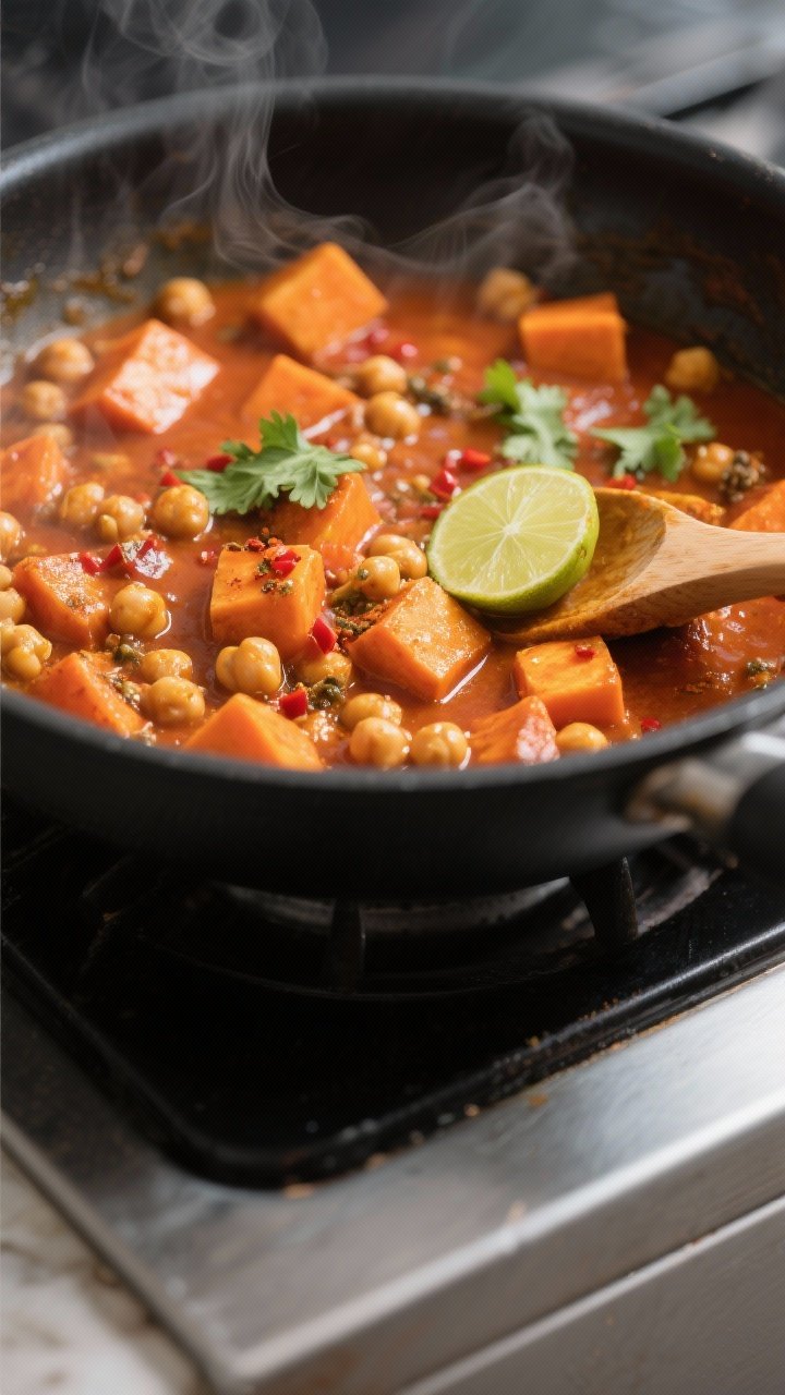 Cooking process — Close-up of a simmering chickpea and sweet potato curry in a deep, matte-black s
