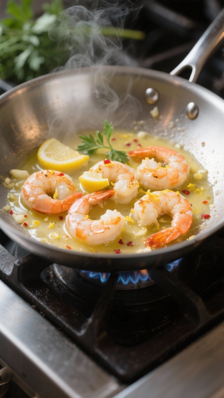 Cooking process close-up: Searing lemon butter shrimp in a stainless-steel skillet over medium-high 