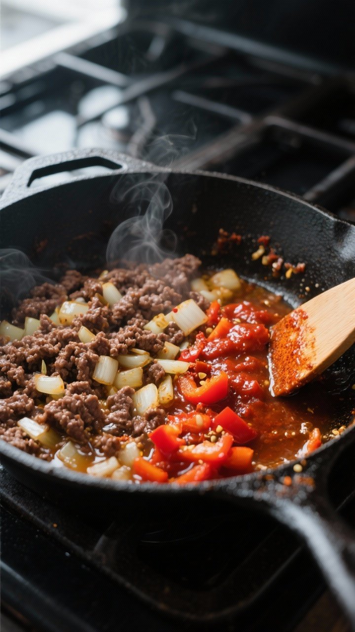 Cooking process, close-up: Sizzling browned ground beef and sautéed diced onion and red bell pepper