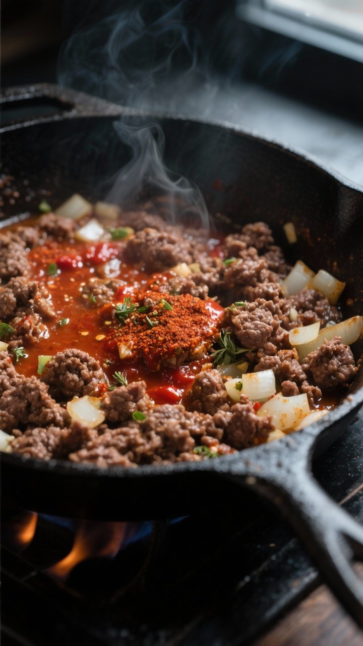 Cooking process close-up: Sizzling ground beef in a black cast-iron skillet over medium-high heat, b